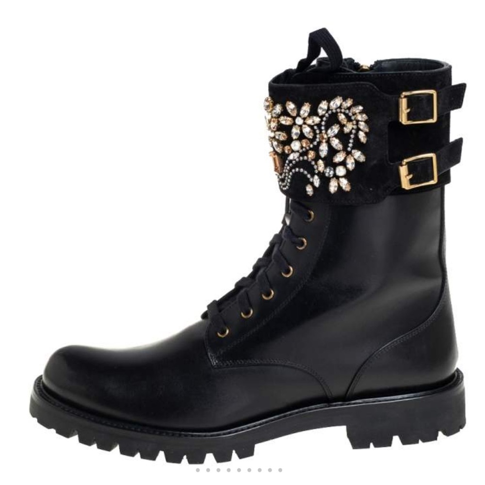 Rare Rene Caovilla Black Crystal Embellished Suede Combat Boots Size 38.5 - Picture 2 of 16